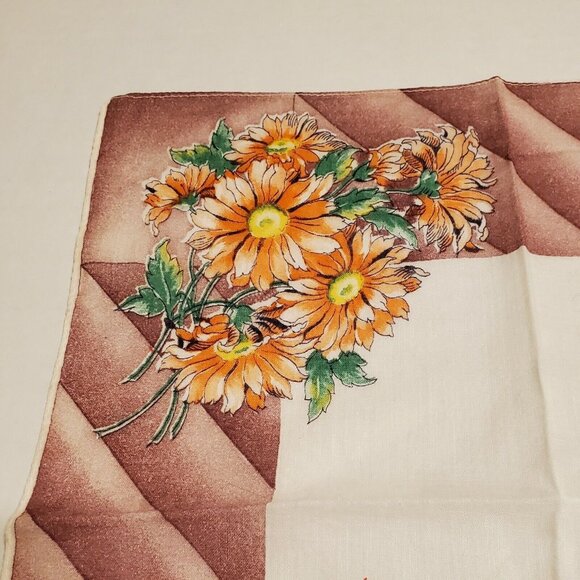 Vtg Floral Handkerchief Orange Daisey Brown Green 11"x12" Retro Fall Colors - Picture 4 of 8